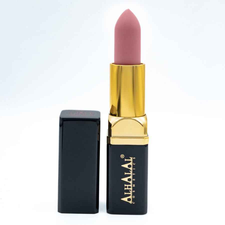 Alhalal Cosmetics sammetsläppstift i mjukt brunt läppstift med svart och guldfärgat fodral