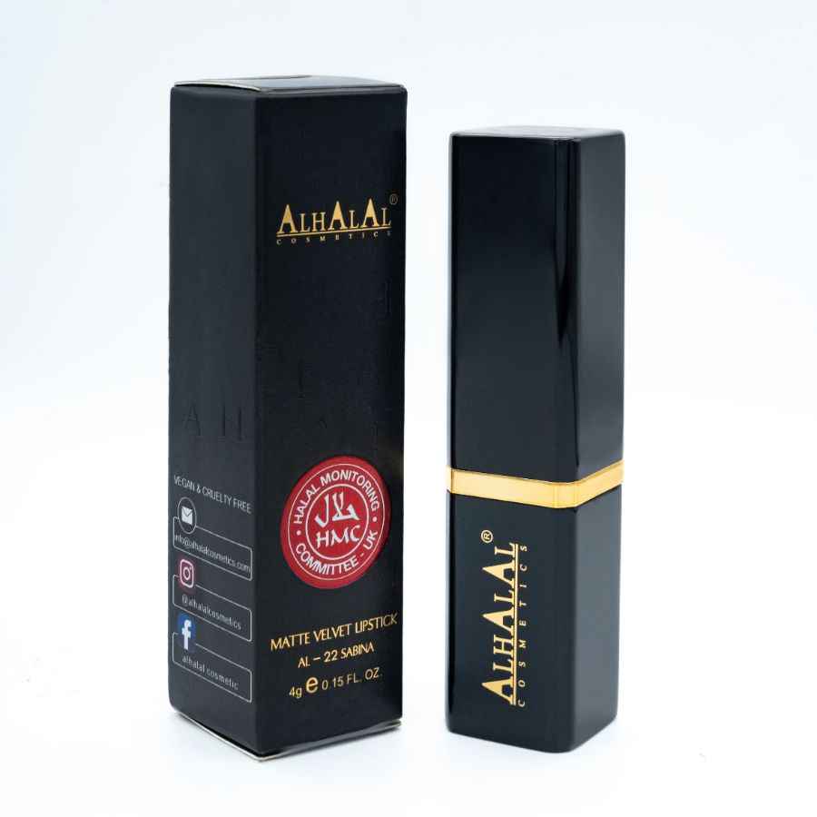 Alhalal Cosmetics matt sammetsläppstift i svart förpackning med mjuk brun läppstiftsfärg