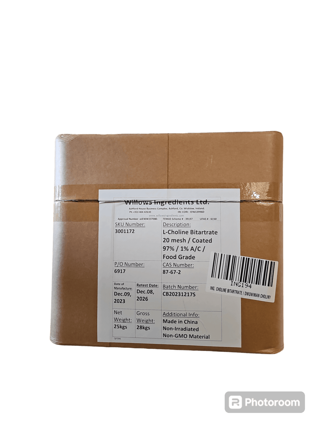 L-Kolinbitartrat 25 kg - BeBulk Nutrition