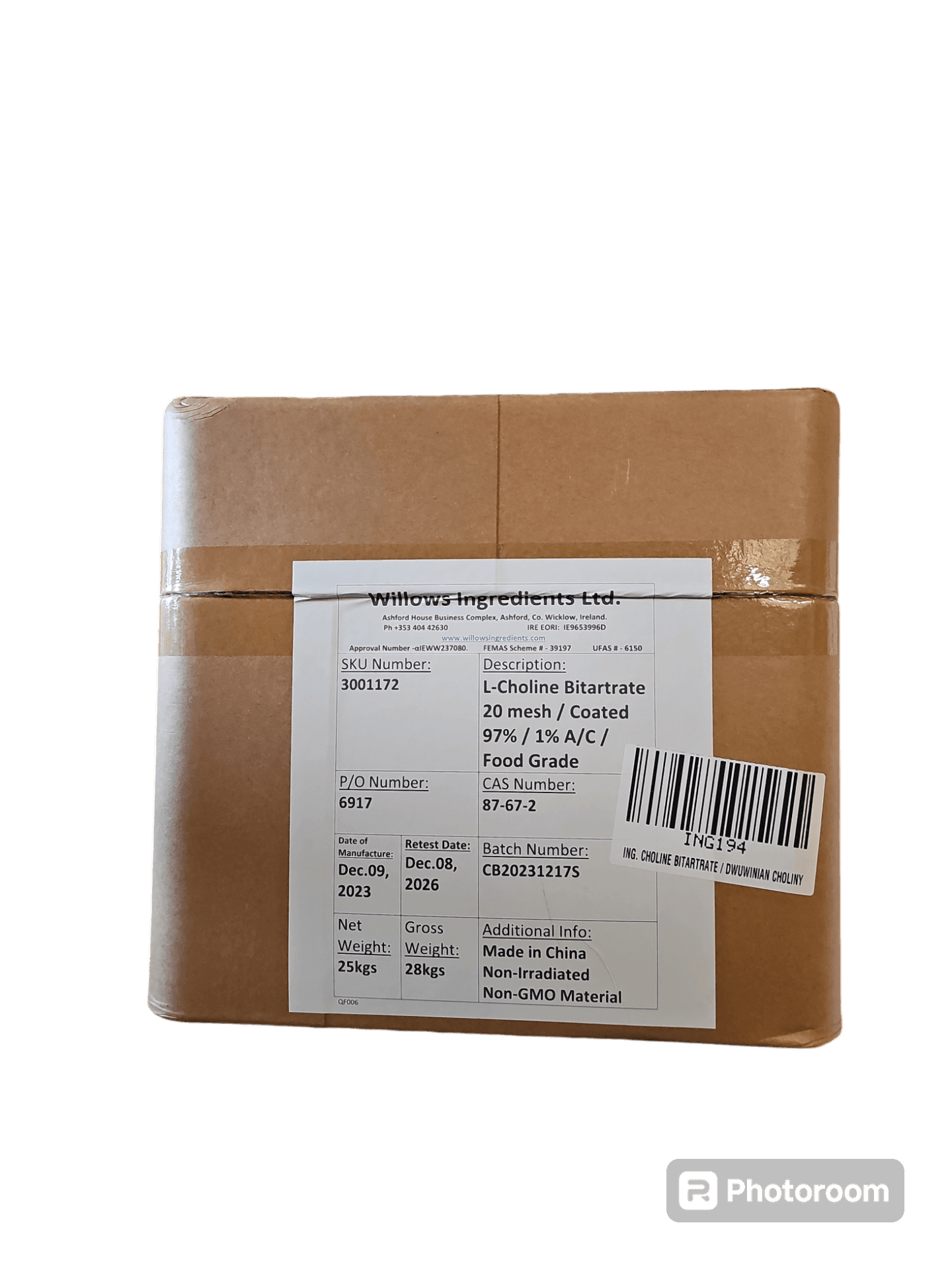 L-Kolinbitartrat 25 kg - BeBulk Nutrition
